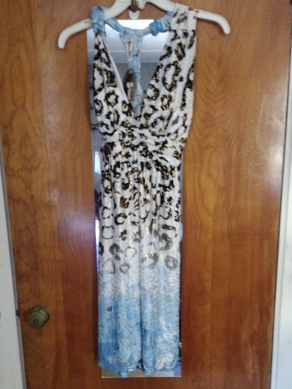 Sleeveless V-Neck Leopard Print Maxi Dress in White and Blue/Gold